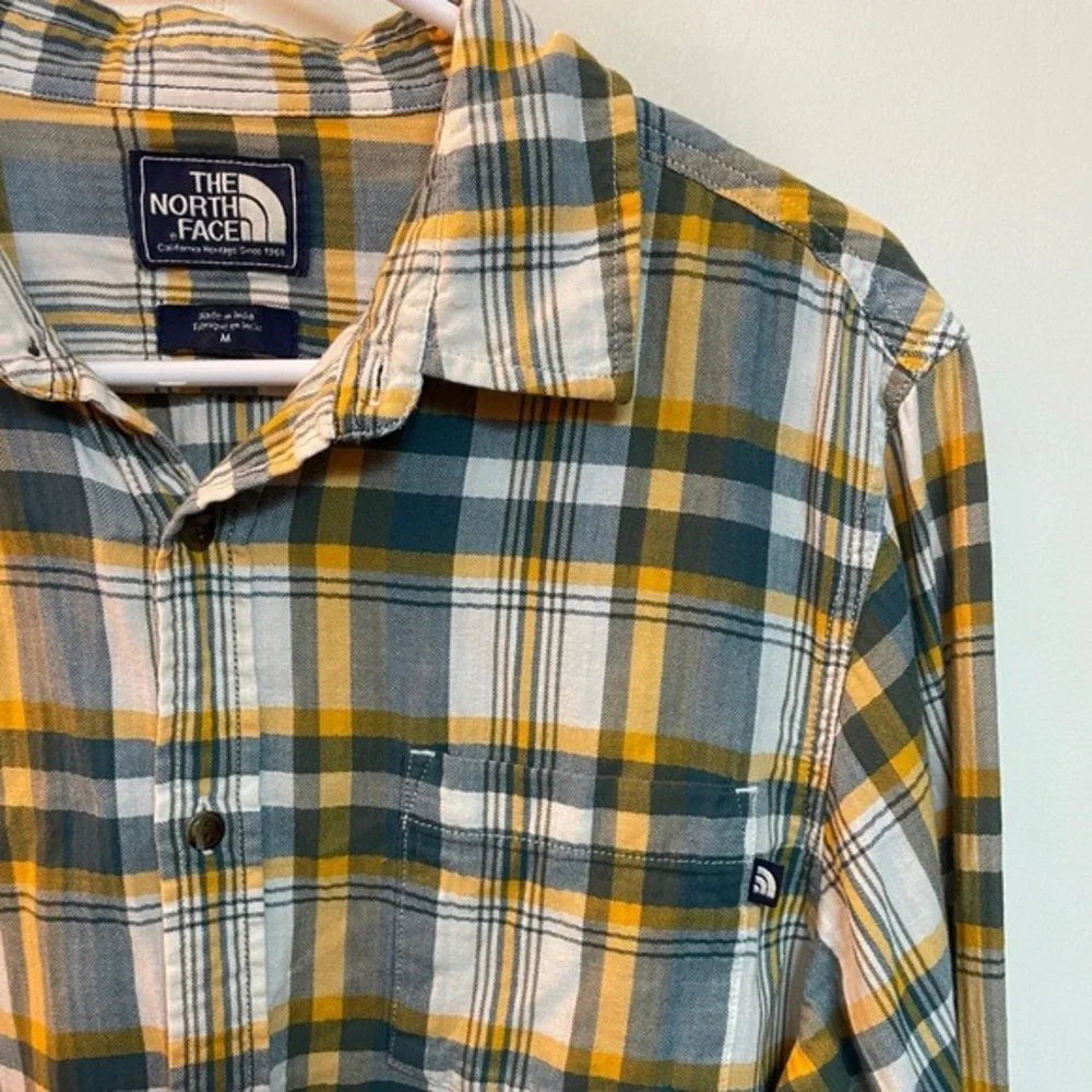 The North Face Mens Plaid Button Down Shirt Yellow‎ Blue Medium
